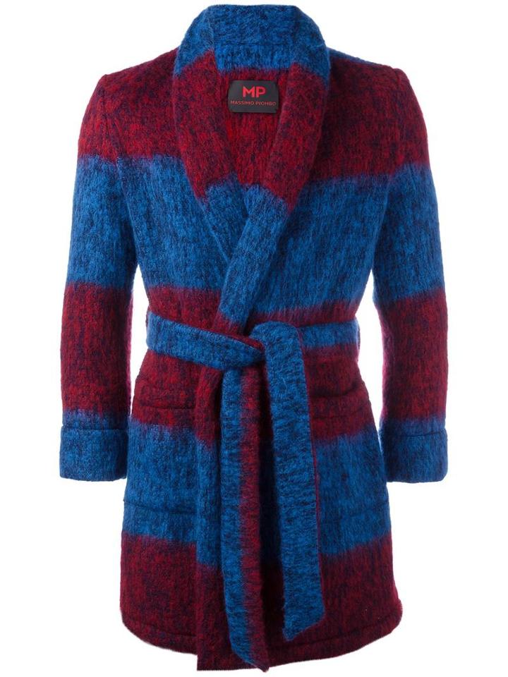 Mp Massimo Piombo Striped Belted Robe Coat, Men's, Size: 40, Blue, Cupro/wool/mohair/polyamide
