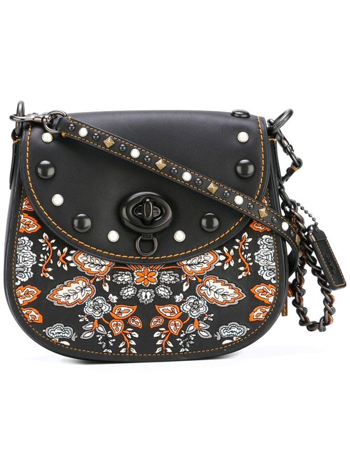 Coach Embroidered Studded Saddle Bag - Black
