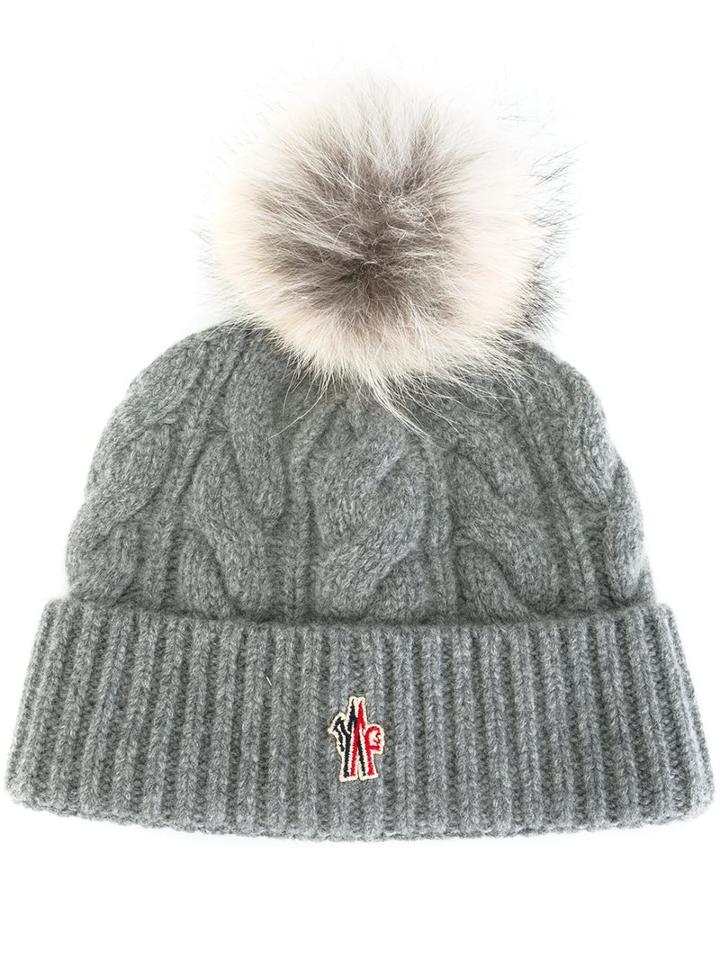 Moncler Grenoble Cable Knit Pompom Beanie, Women's, Grey, Wool/cashmere/coyote Fur