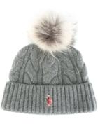 Moncler Grenoble Cable Knit Pompom Beanie, Women's, Grey, Wool/cashmere/coyote Fur