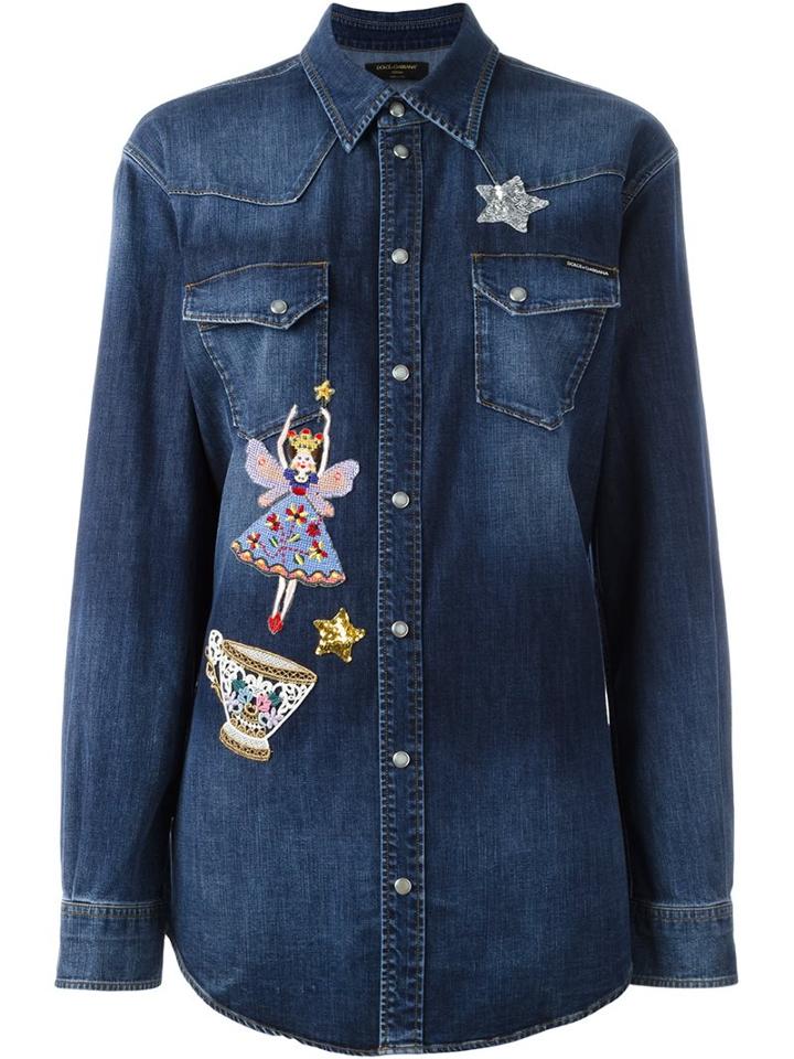 Dolce & Gabbana Embroidered Denim Shirt, Women's, Size: 42, Blue, Cotton/polyester/spandex/elastane/viscose