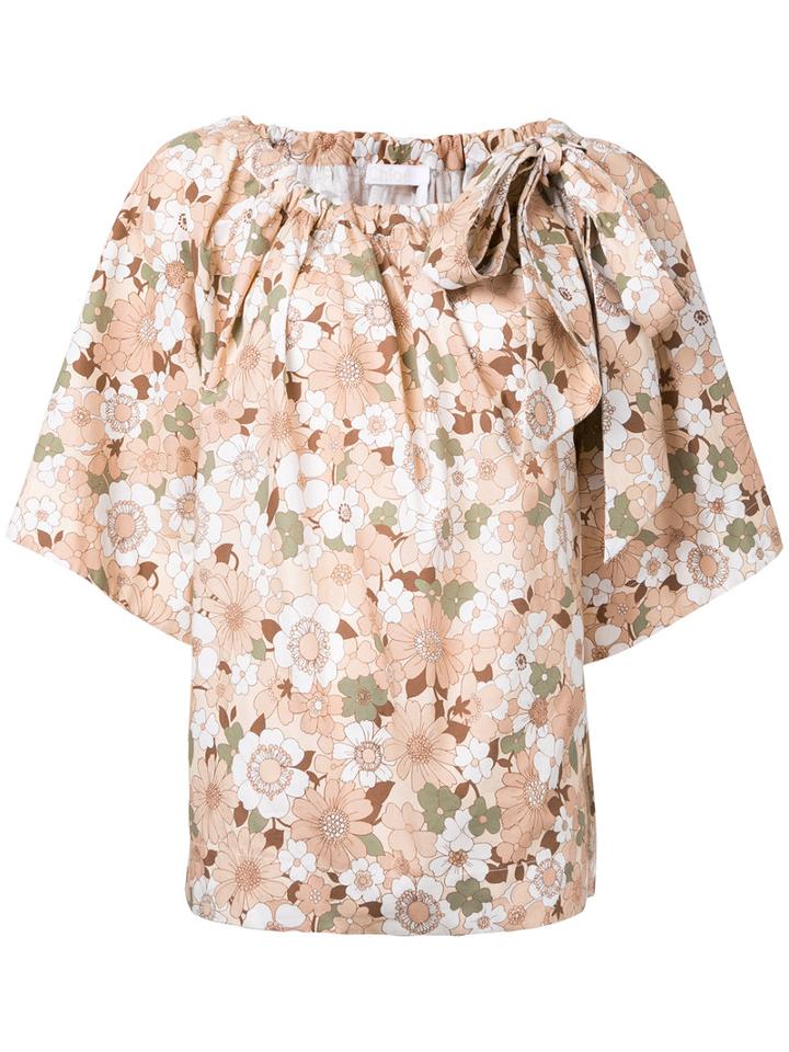 Chloé - Floral Print T-shirt - Women - Cotton - 40, Nude/neutrals, Cotton