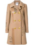 Moschino Patch Print Double Breasted Coat - Nude & Neutrals