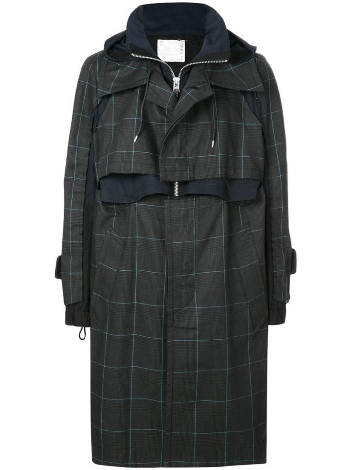 Sacai Checked Hooded Trench - Blue