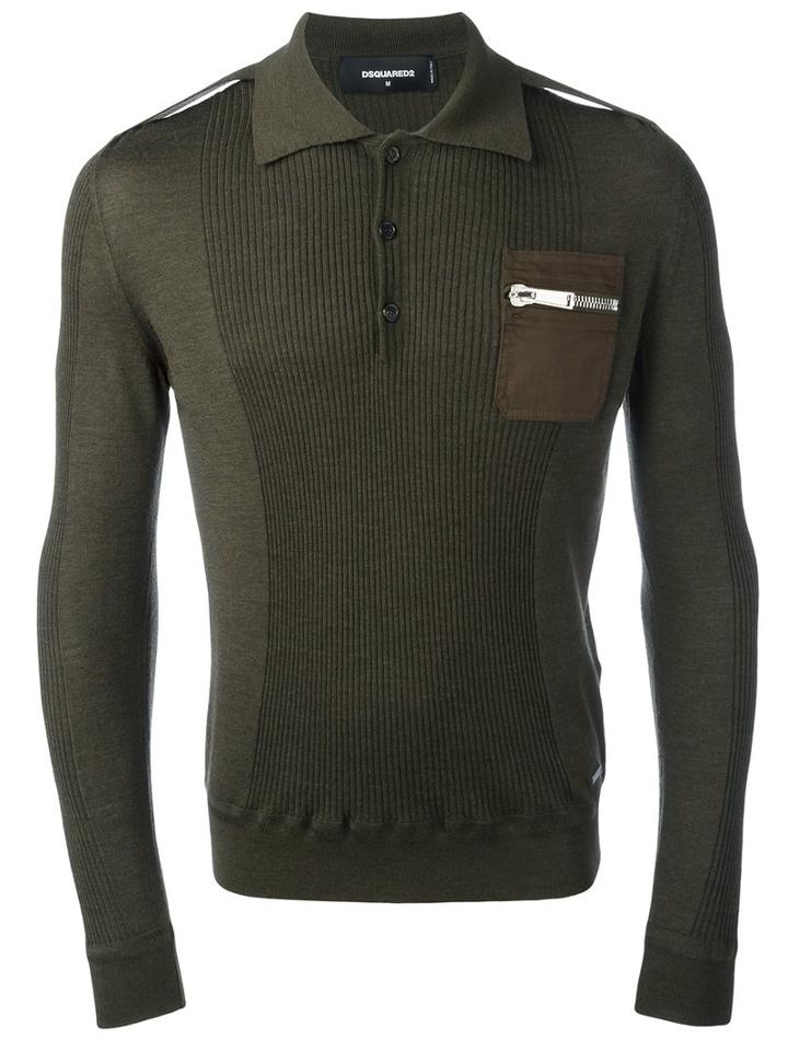 Dsquared2 Long Sleeved Polo Shirt, Men's, Size: Medium, Green, Wool