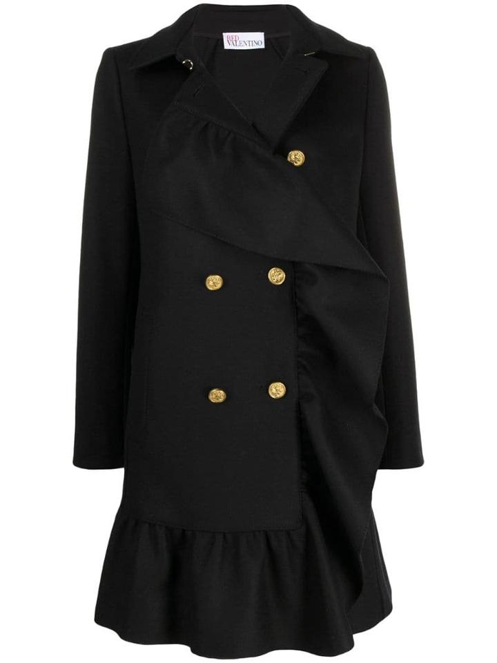 Red Valentino Ruffled Hem Double-breasted Coat - Black