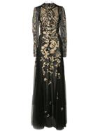 Oscar De La Renta Long Sleeved Gown With Gold Embroidery - Black