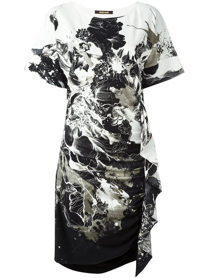 Roberto Cavalli Floral Print Kimono Dress, Women's, Size: 44, Black, Spandex/elastane/viscose/shell