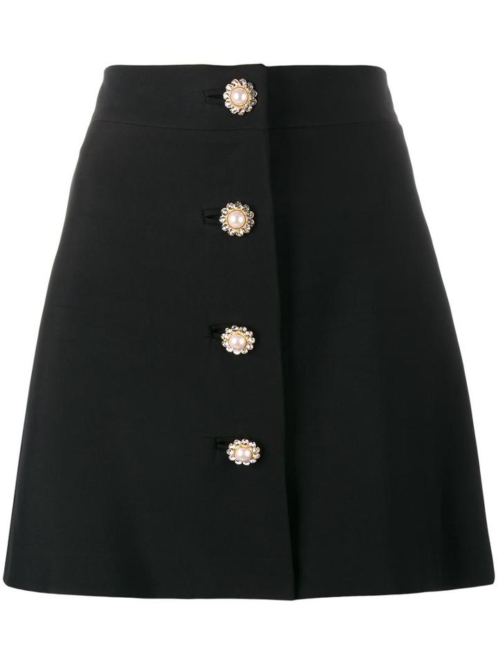 Miu Miu Pearl And Crystal Embellished Buttoned Mini Skirt, Women's, Size: 46, Black, Polyester/viscose/metal/glass
