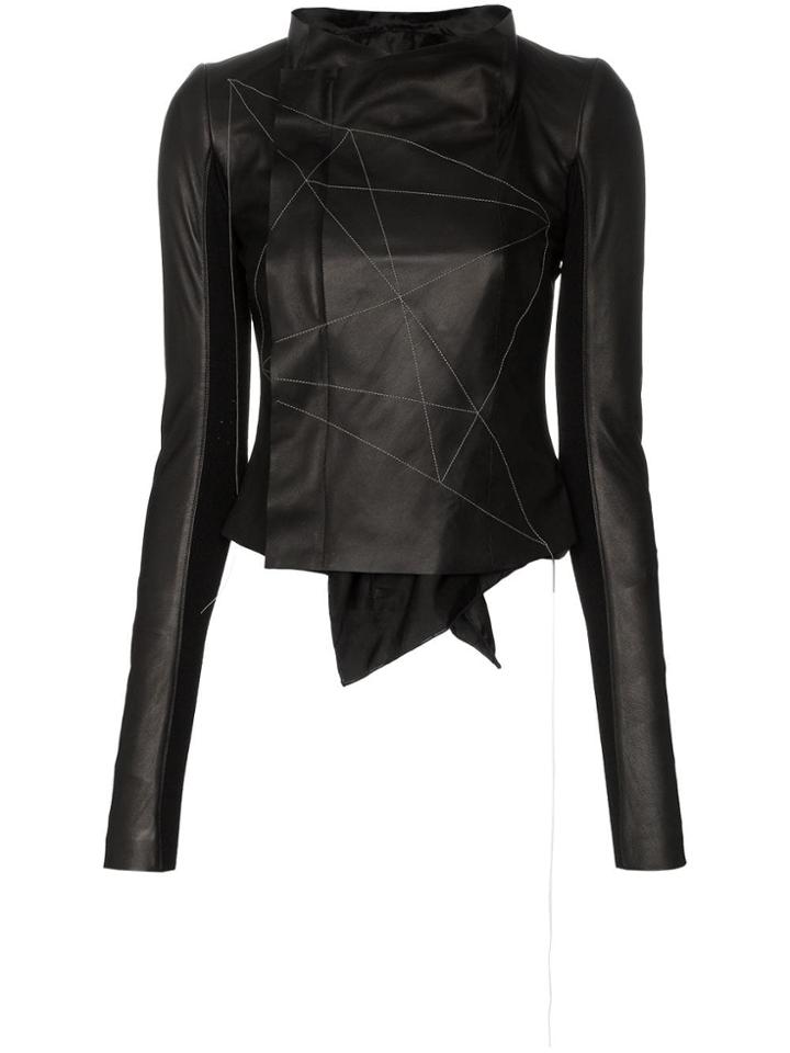 Rick Owens Embroidered Leather Low Neck Biker Jacket - Black