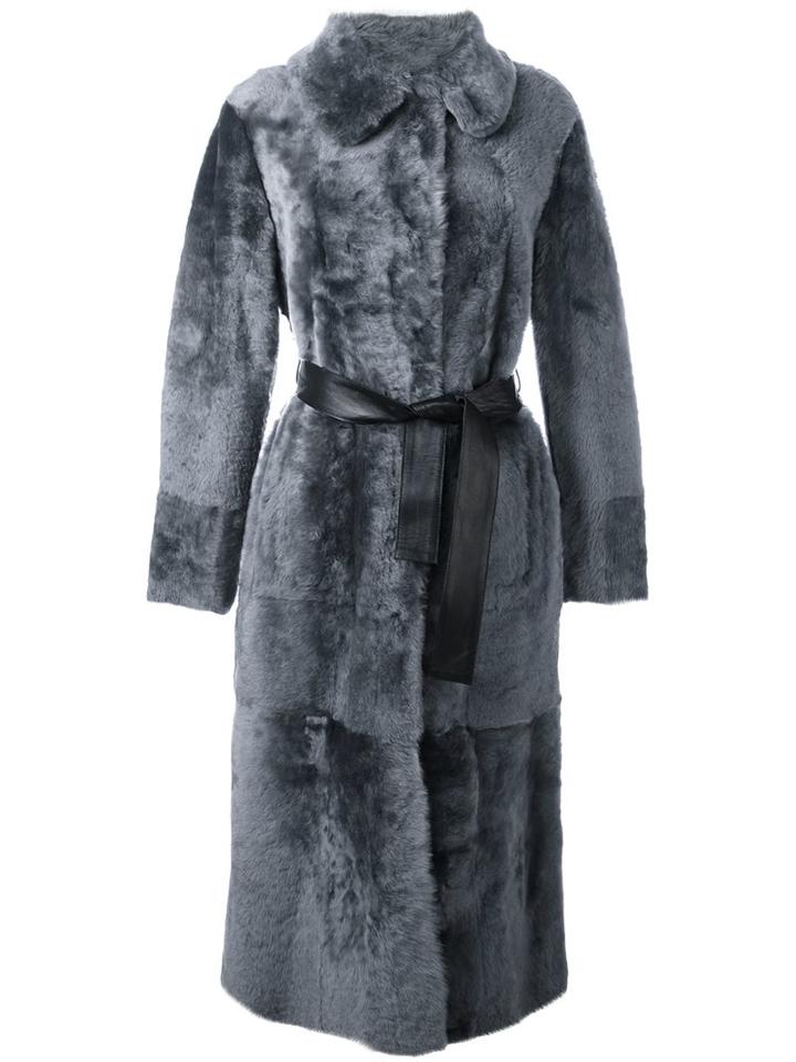 Drome Shearling Belted Long Coat, Women's, Size: Medium, Grey, Sheep Skin/shearling