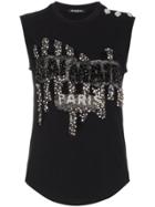 Balmain Sleeveless Beaded Logo Cotton T Shirt - Black
