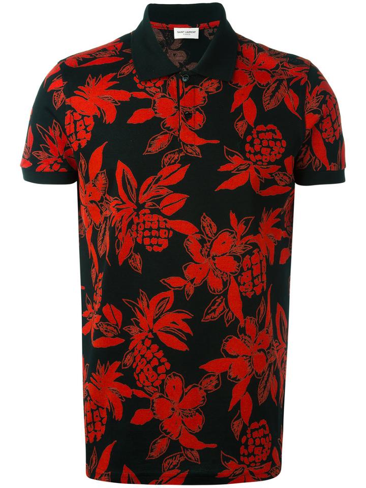 Saint Laurent Hawaiian Hibiscus Print Polo Shirt, Size: Small, Black, Cotton