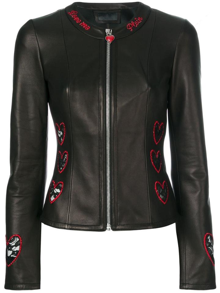 Philipp Plein Heart Embroidered Biker Jacket - Black