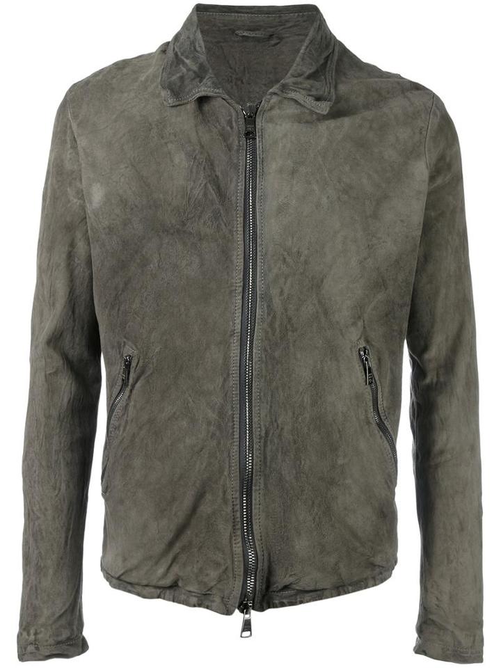 Giorgio Brato Leather Zipped Jacket, Men's, Size: 56, Grey, Silk/cotton/leather/spandex/elastane