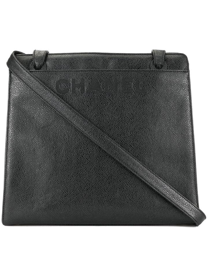 Chanel Vintage Caviar Skin Logo Embroidered Tote - Black