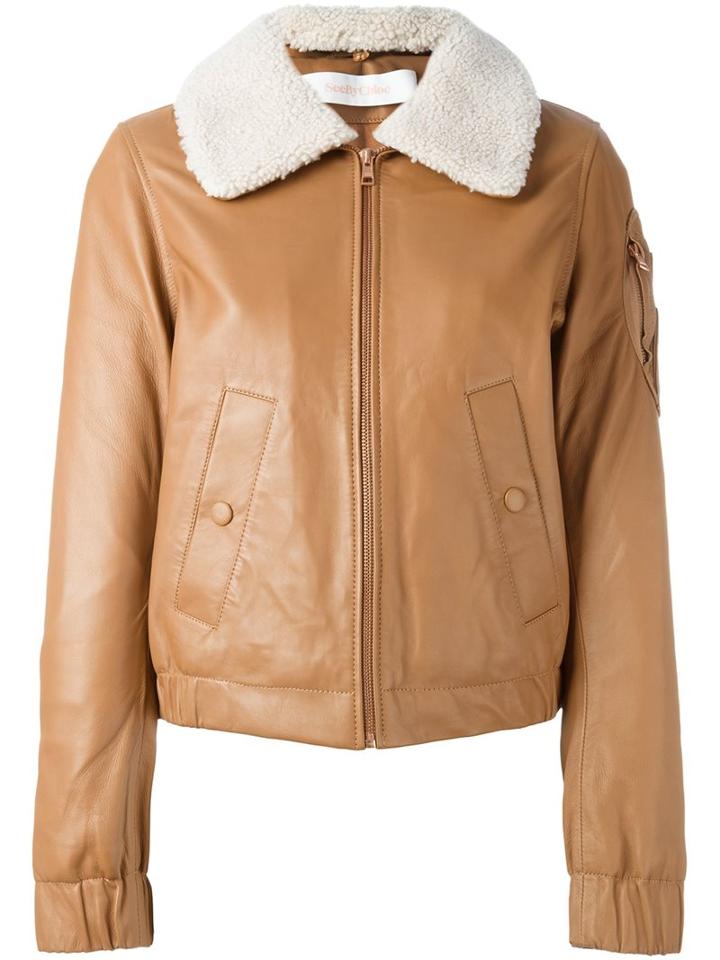 See By Chloé Shearling Collar Aviator Jacket, Women's, Size: 40, Nude/neutrals, Cotton/polyester/lamb Skin/lamb Fur