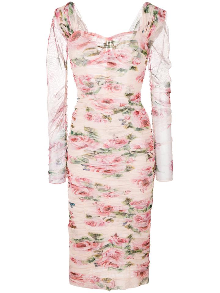 Dolce & Gabbana Ruched Rose Print Dress - Pink & Purple