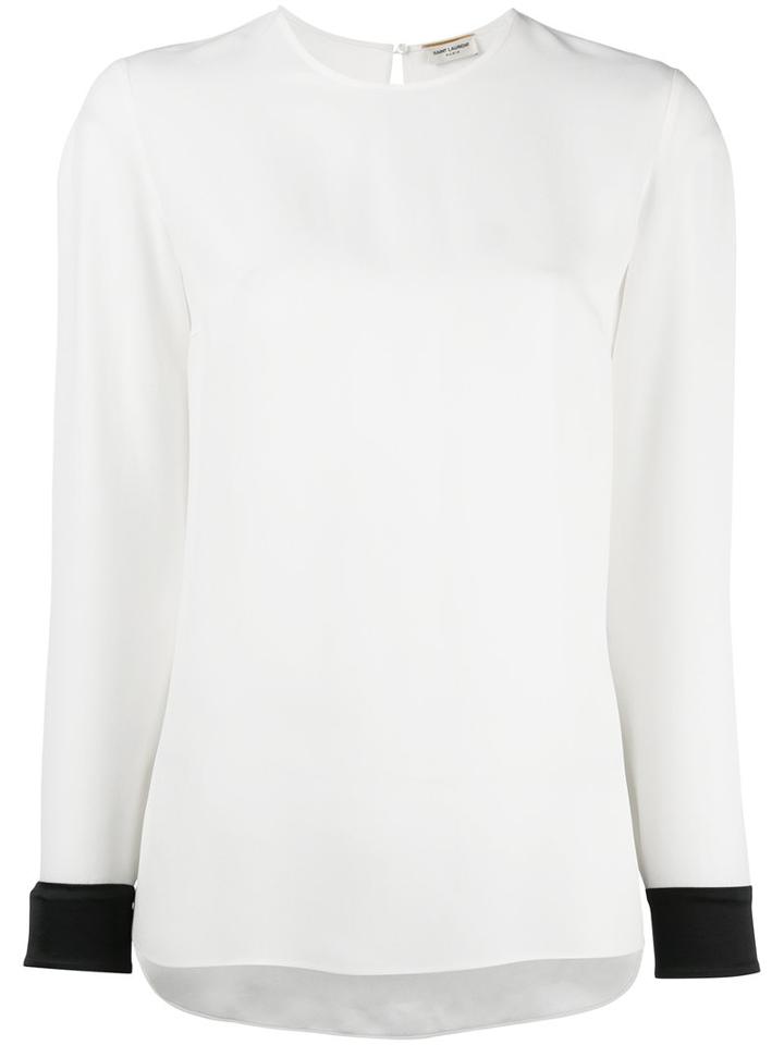 Saint Laurent Contrast Cuff Blouse, Women's, Size: 42, White, Silk/acetate/viscose