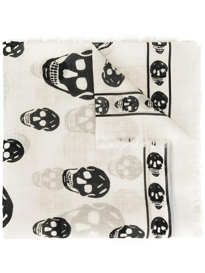 Alexander Mcqueen Fringed Skull-print Scarf - Neutrals