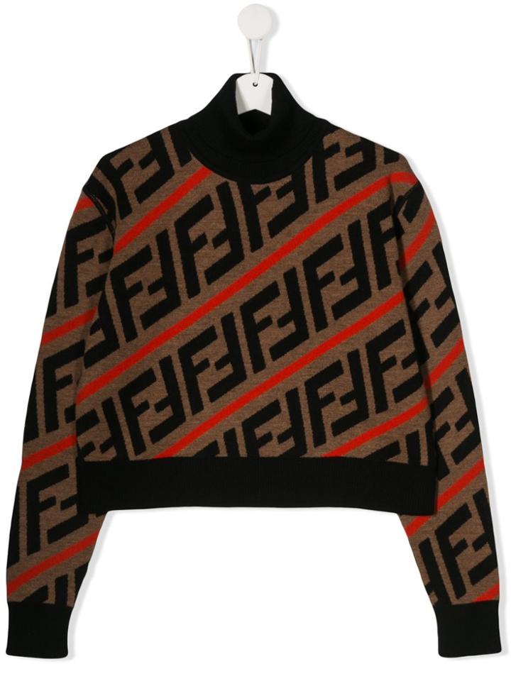 Fendi Kids Ff Logo Stripe Patterned Sweater - Brown