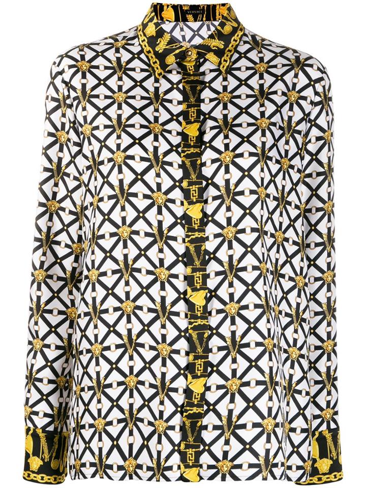 Versace Printed Monogram Silk Blouse - White