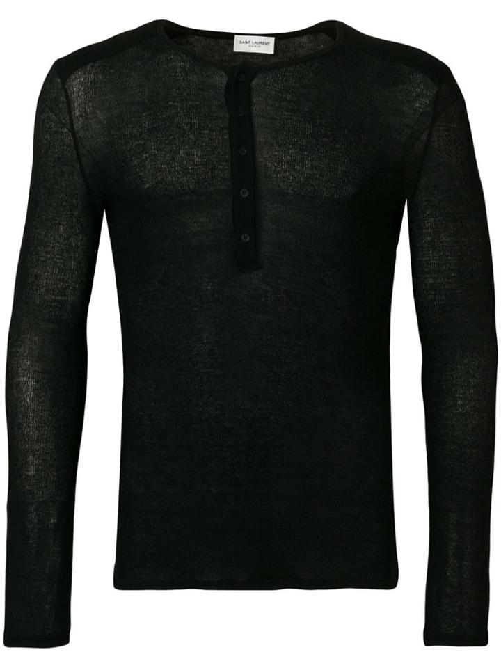 Saint Laurent Sheer Knit Henley Sweater - Black