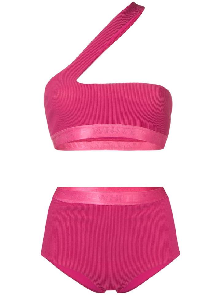 Off-white One-shoulder Bikini Set - Pink