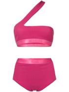 Off-white One-shoulder Bikini Set - Pink