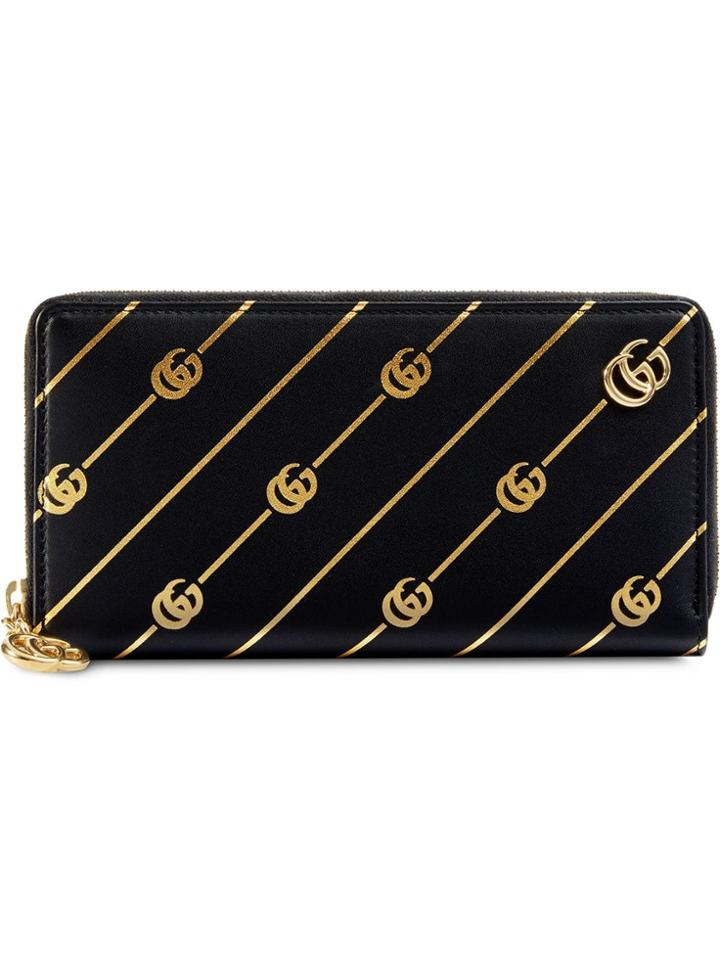 Gucci Zip Around Wallet With Double G Stripe - Black