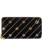 Gucci Zip Around Wallet With Double G Stripe - Black
