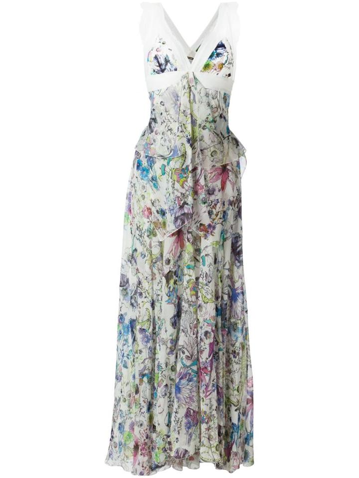 Roberto Cavalli Floral Print Long Dress, Women's, Size: 38, White, Silk/polyamide