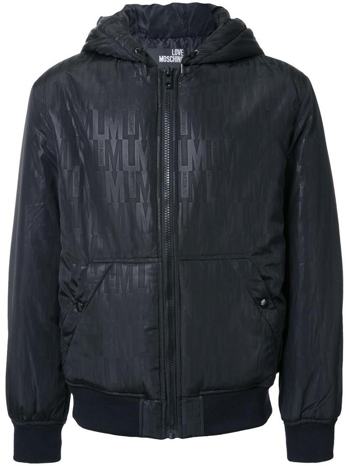 Love Moschino Tonal Print Hooded Jacket, Men's, Size: 54, Black, Polyester