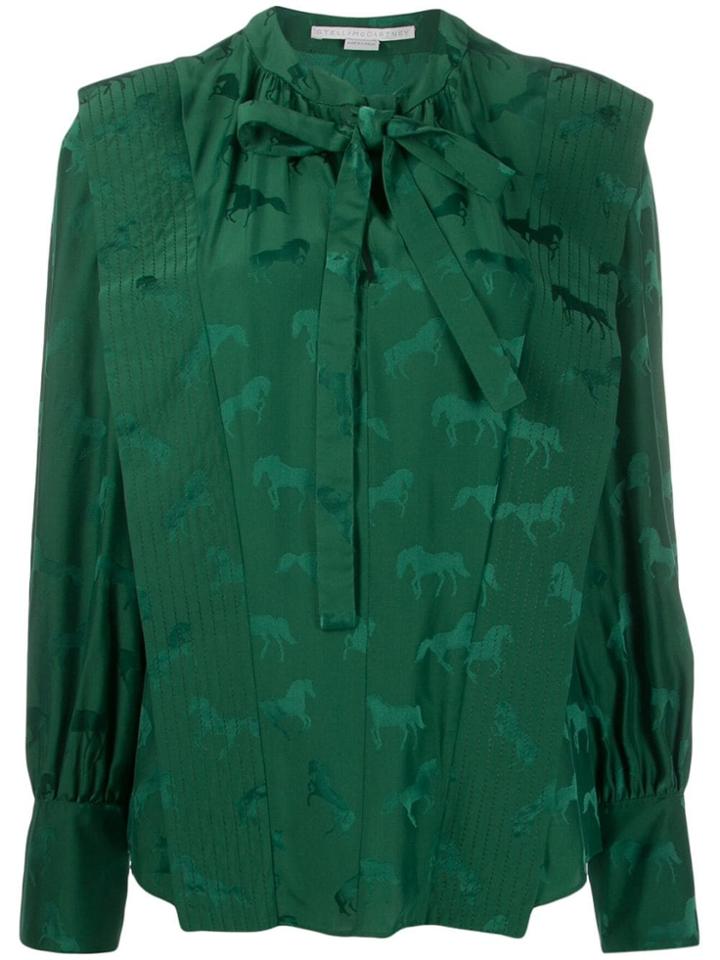 Stella Mccartney Horses-jacquard Tie-neck Blouse - Green