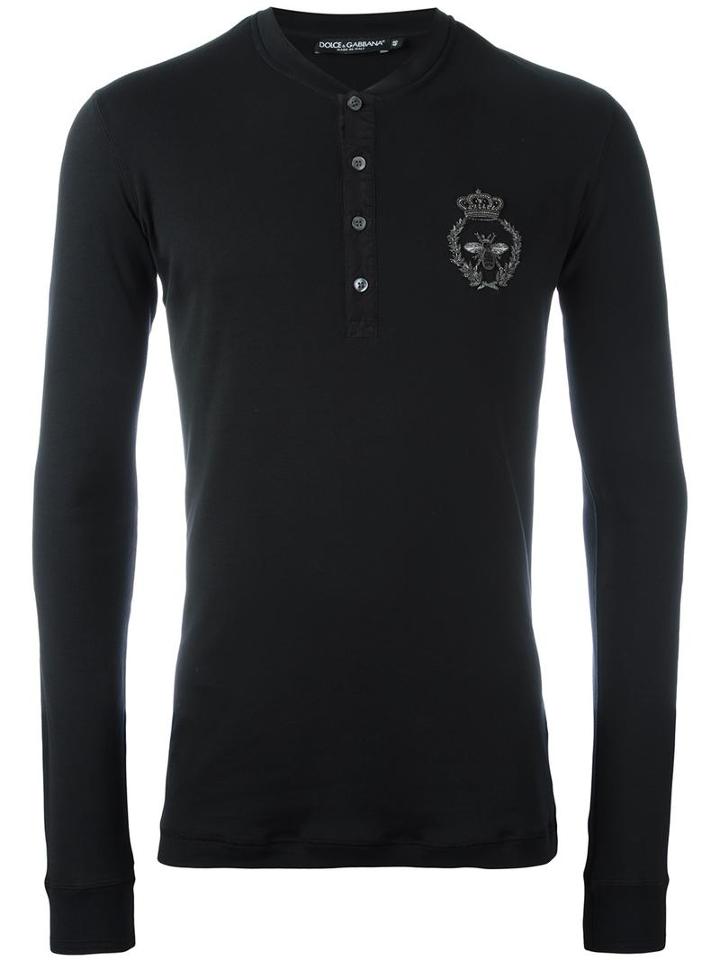 Dolce & Gabbana Appliqué Henley Top, Men's, Size: 52, Black, Silk/cotton/polyester/copper