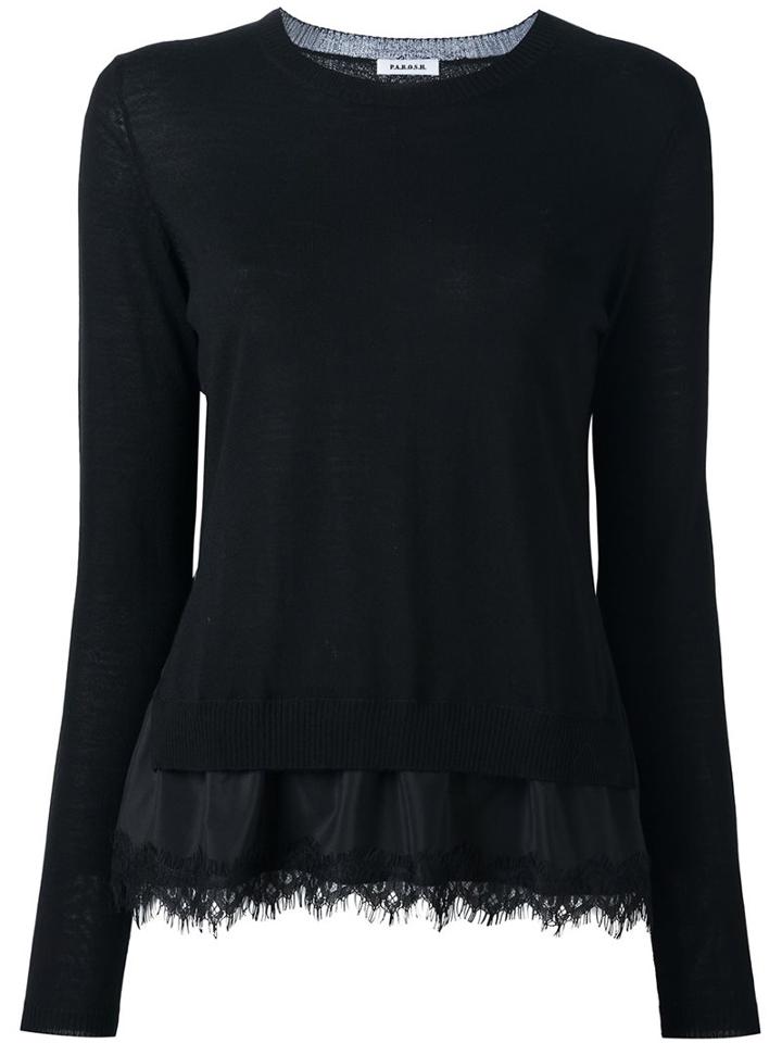 P.a.r.o.s.h. Lace Hem Layered Top, Women's, Size: Large, Black, Silk/polyamide/spandex/elastane/wool