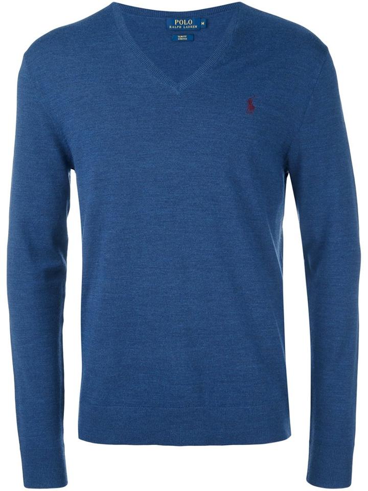 Polo Ralph Lauren V Neck Jumper, Men's, Size: Small, Blue, Polyester/wool