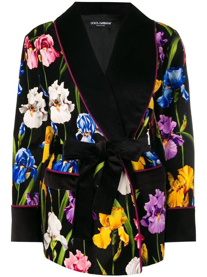 Dolce & Gabbana Peony Print Belted Coat - Black