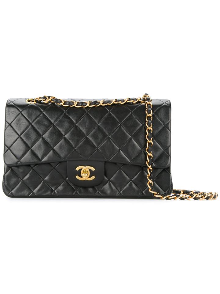 Chanel Vintage Quilted Cc Logo Double Flap Chain Bag - Black