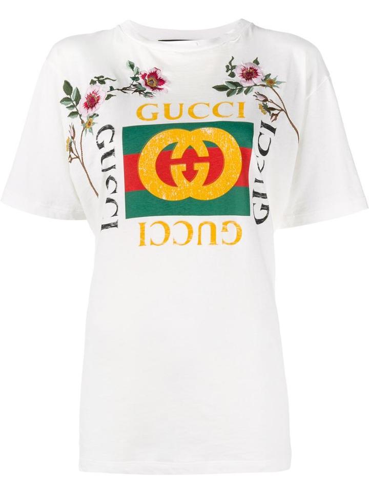 Gucci 'fake Gucci' Embroidered T-shirt, Women's, Size: Xs, White, Cotton