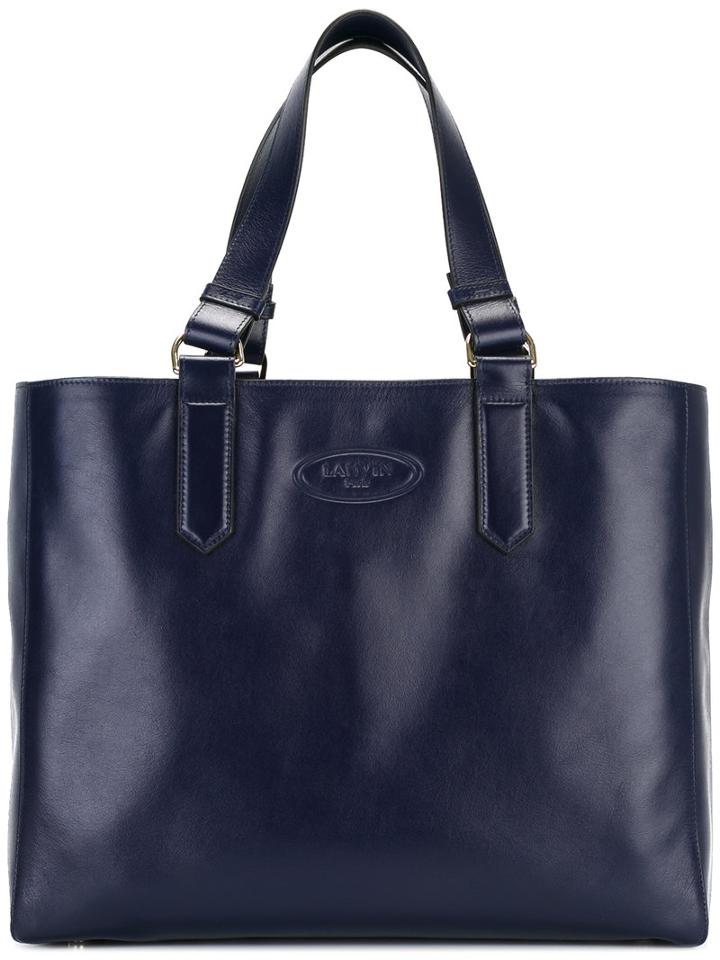 Lanvin Logo Embossed Tote, Women's, Blue, Calf Leather/cotton