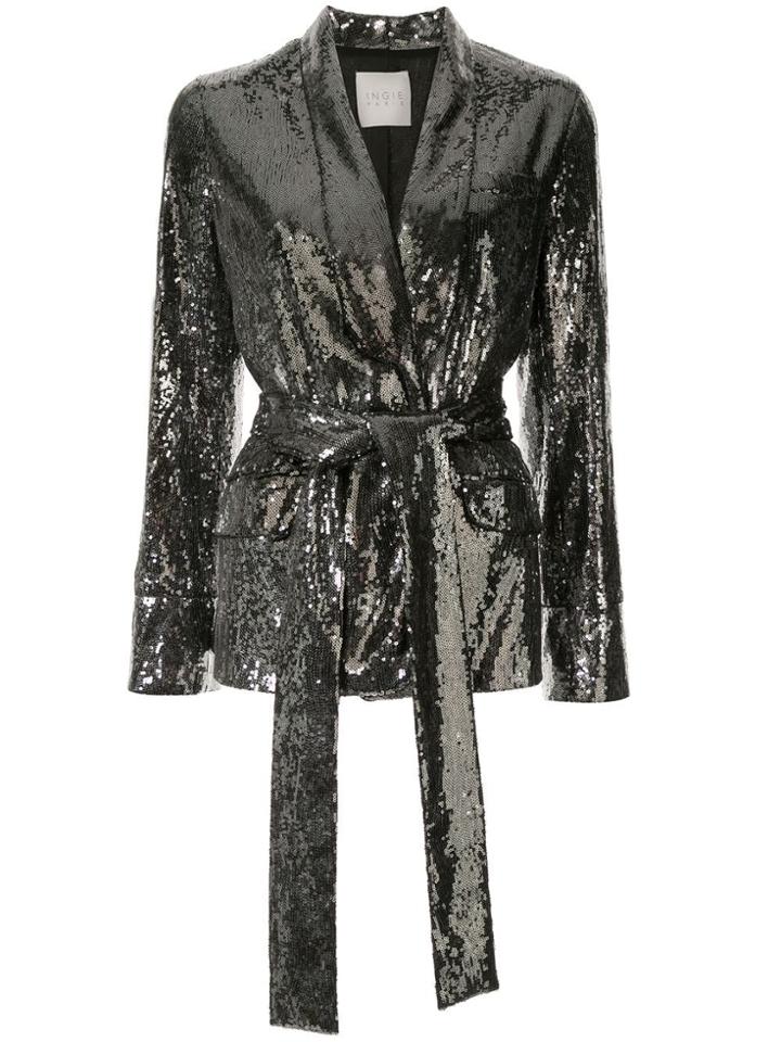 Ingie Paris Sequin Belted Blazer - Silver