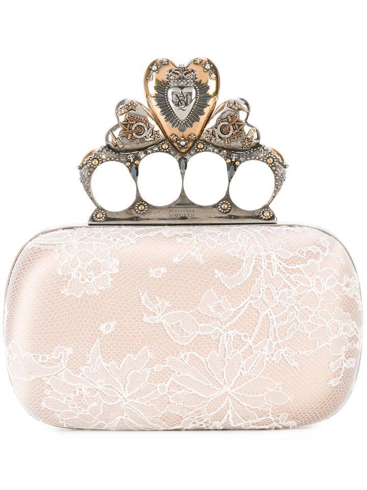 Alexander Mcqueen Lace Detail Clutch, Women's, Pink/purple, Calf Leather/brass