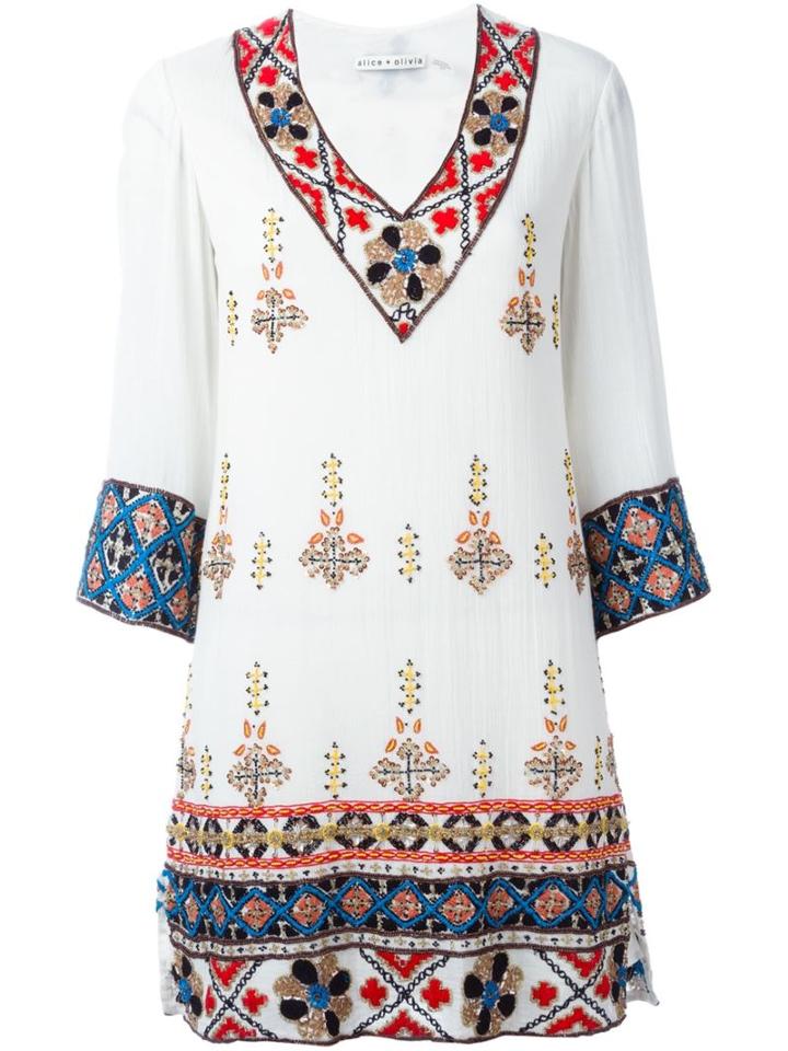 Alice+olivia Embellished Tunic Dress, Women's, Size: Large, Nude/neutrals, Polyester/spandex/elastane/cotton