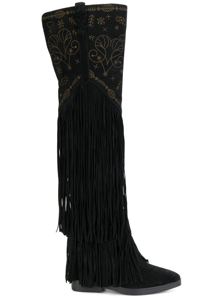 Ash Gipsy Fringed Thigh High Boots - Black