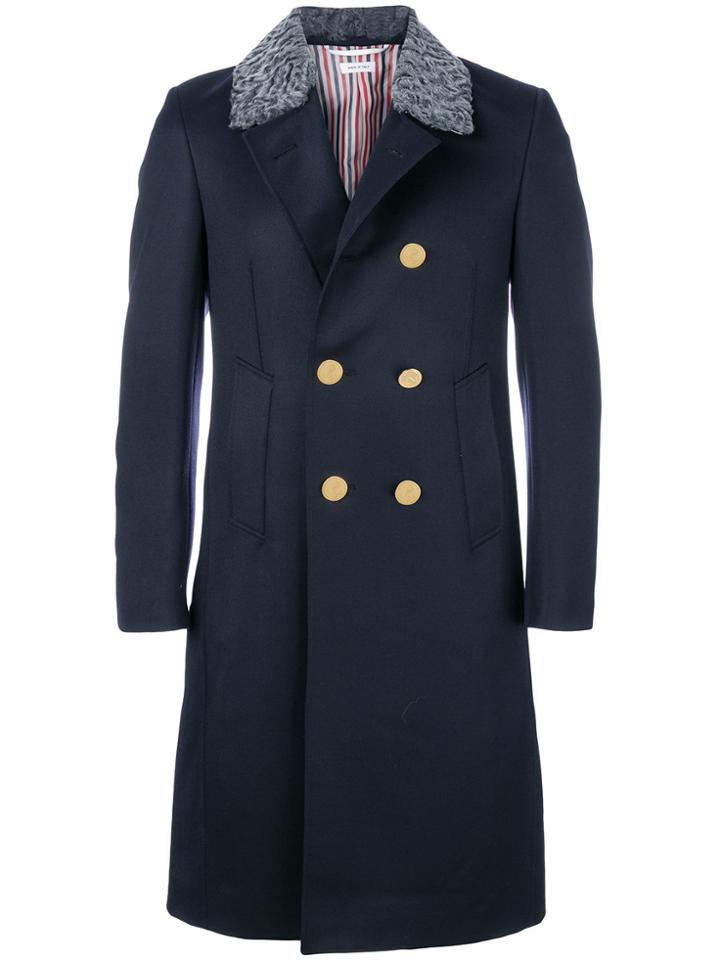 Thom Browne Fur Top Pintuck Cavalry Twill Chesterfield Overcoat - Blue