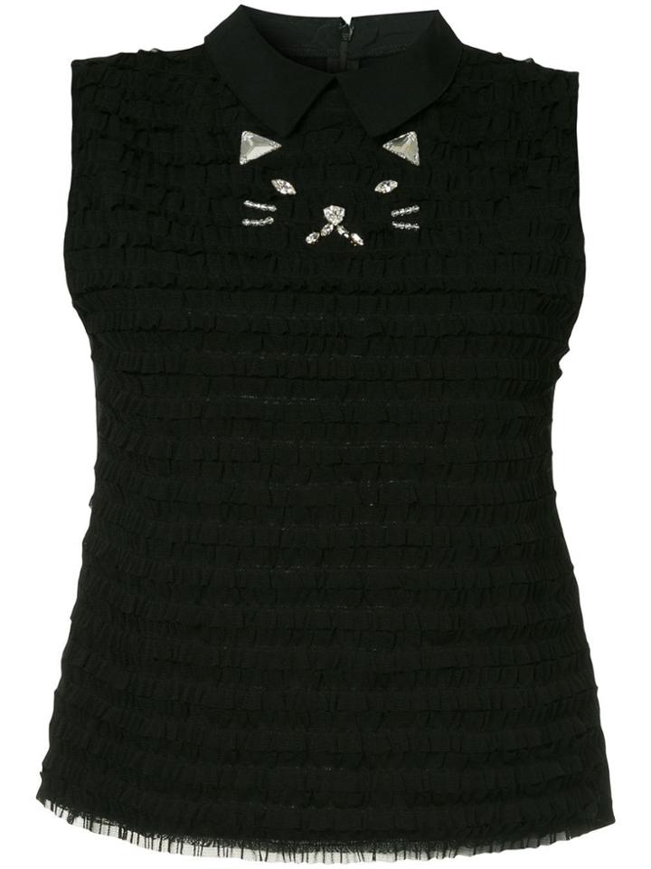 Tu Es Mon Trésor Cat Mesh Frill Top - Black