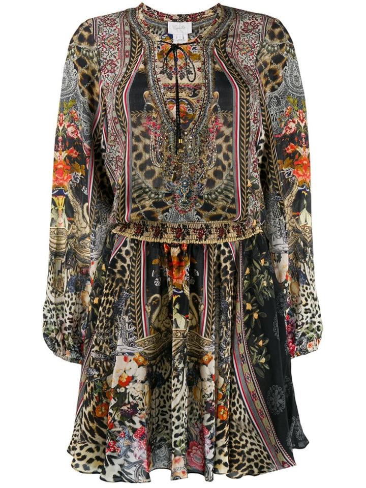 Camilla Printed Tie Neck Dress - Black