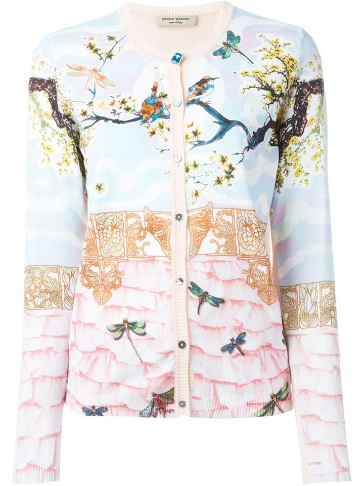 Piccione. Piccione Balcony Print Contrast Trim Button Down Cardigan, Women's, Size: 38, Pink/purple, Cotton