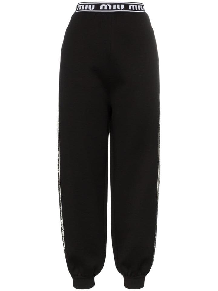 Miu Miu Logo Band Sequin Stripe Cotton Blend Trackie Bottoms - Black